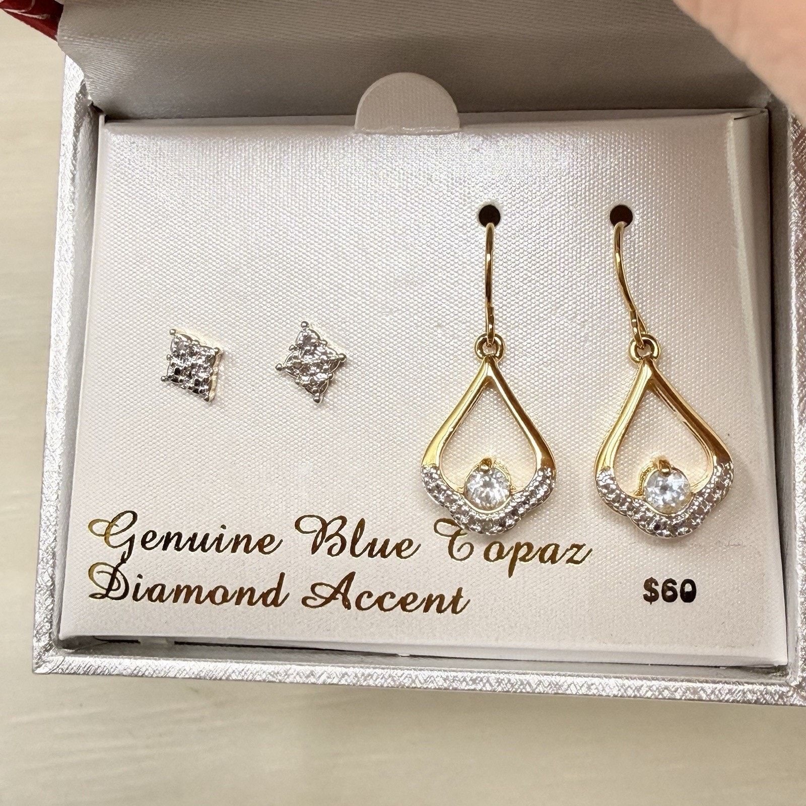 Two Pair Paj Bb China Blue Topaz And Diamond Accent Teardrop Dangle Earrings